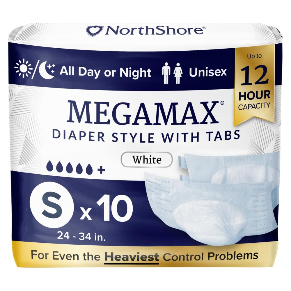 NorthShore MegaMax Adult Overnight Diapers, 12-Hour Tab-Style, Small, 10 Count Bag, White, 24-34 inches, Unisex Incontinence Underwear