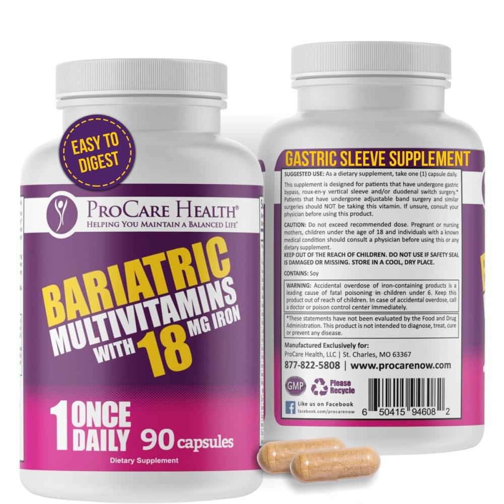 ProCare Health Bariatric Multivitamin with 18mg Iron (3 Month Supply) Post-Op Vitamins Bariatric Surgery Patients, Supports Recovery (90 Easy to Swallow Capsules)