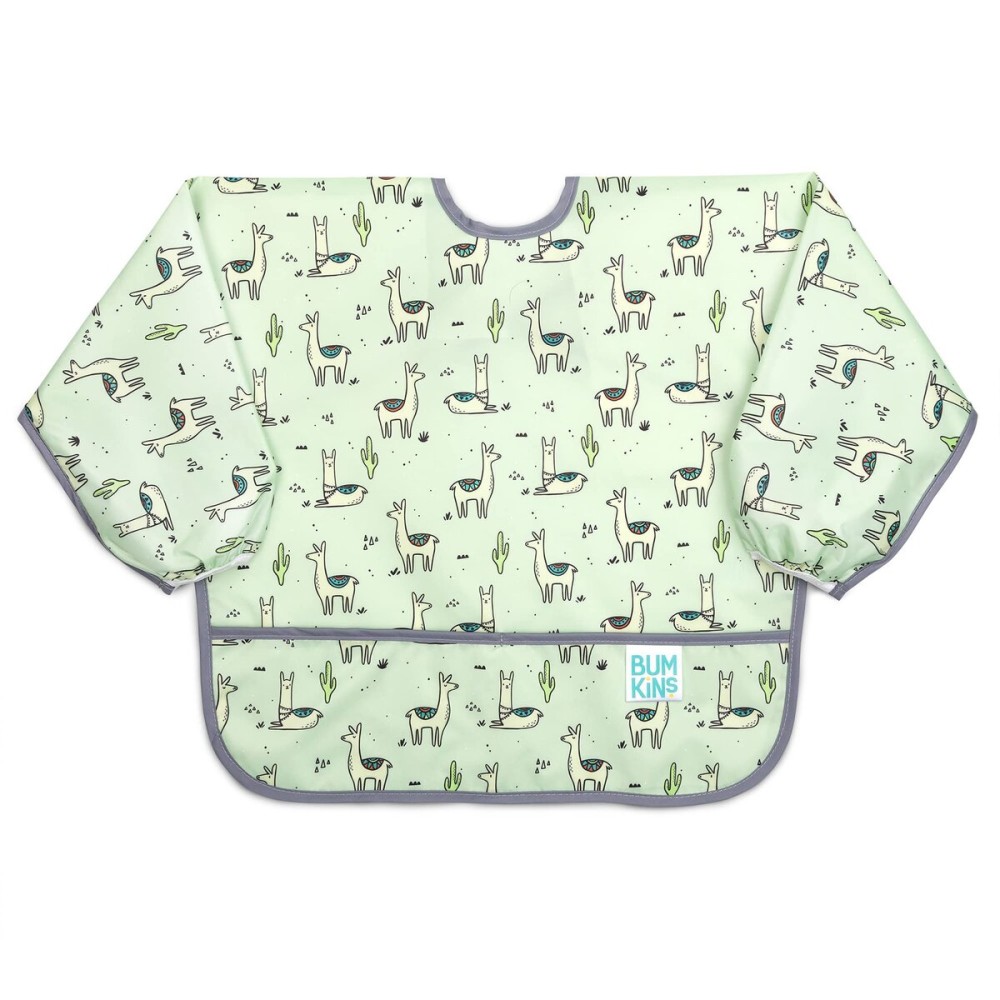 Bumkins Sleeved Bib for Girl or Boy, Baby and Toddler for 6-24 Mos, Essential Must Have for Eating, Feeding, Baby Led Weaning Supplies, Long Sleeve Mess Saving Food Catcher, Soft Fabric, Llama Green