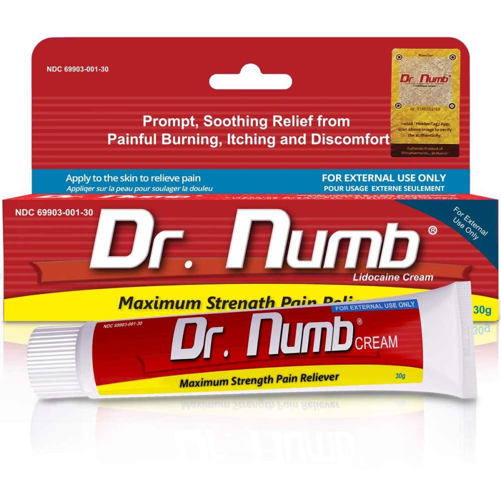 Dr. Numb 5% Lidocaine Numbing Cream, Nonprescription Maximum Strength Topical Anesthetic Cream - Temporary Relief of Pain, Itch, Discomfort for Hemorrhoid and Anorectal Uses - 30g Pack of 2
