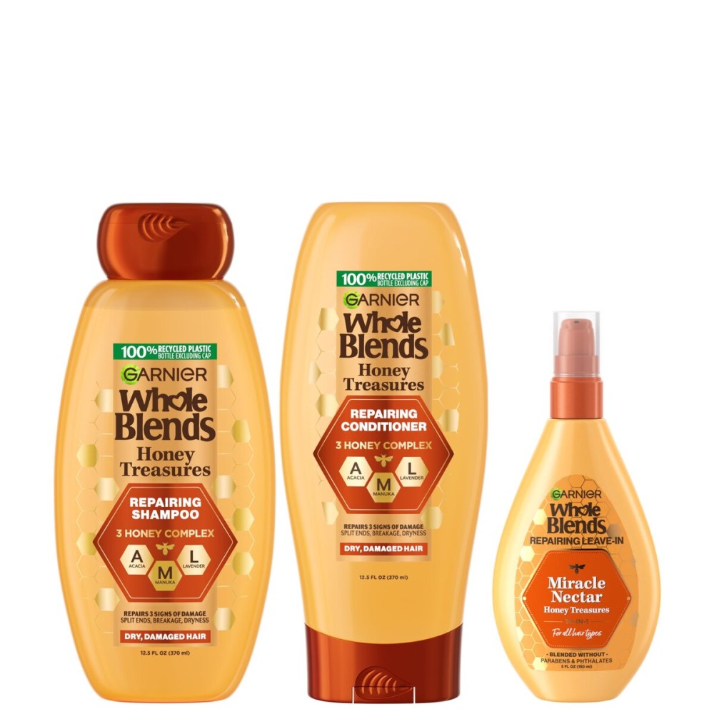 Garnier Whole Blends Honey Treasures Repairing Shampoo, Conditioner + Miracle Nectar Leave-In Set for Dry, Damaged Hair (3 Items), 1 Kit (Packaging May Vary)