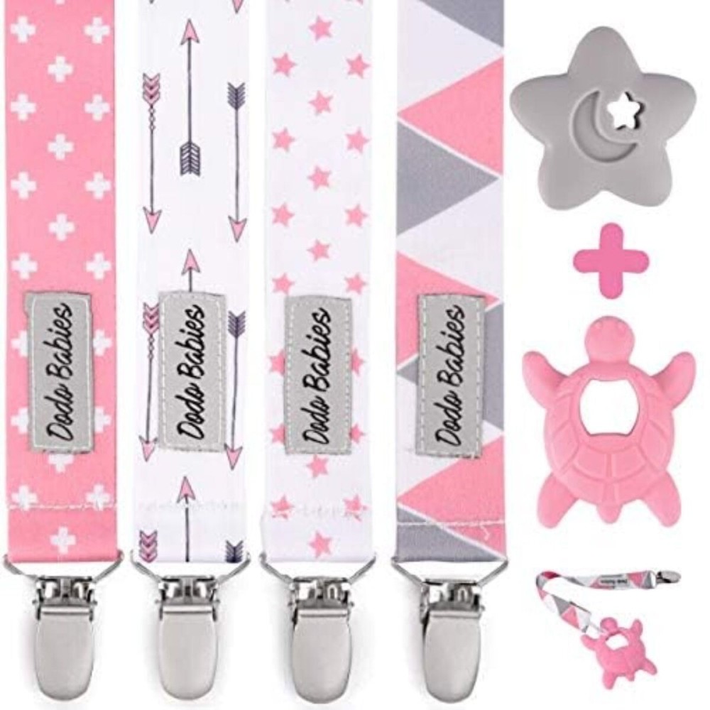 Dodo Babies Pacifier Clip & Teether Toy Set - Four Clips Plus Two Silicone Teether Toys - Universal Holder Fits Most Paci Brands - Fun Pink and Gray Prints for Girls or Boys