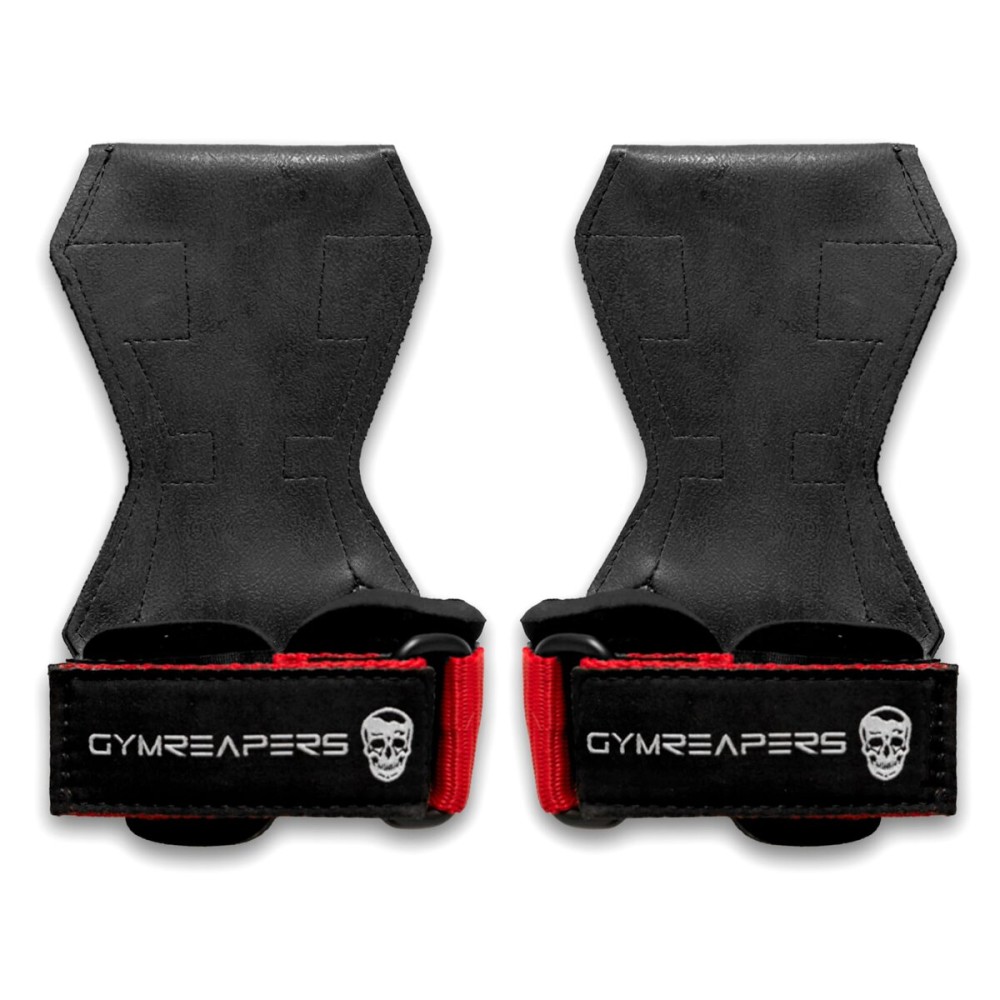 Gymreapers Weight Lifting Grips (Pair) for Heavy Powerlifting, Deadlifts, Rows, Pull Ups, with Neoprene Padded Wrist Wraps Support and Strong Rubber Gloves or Straps for Bodybuilding (Red, Large)