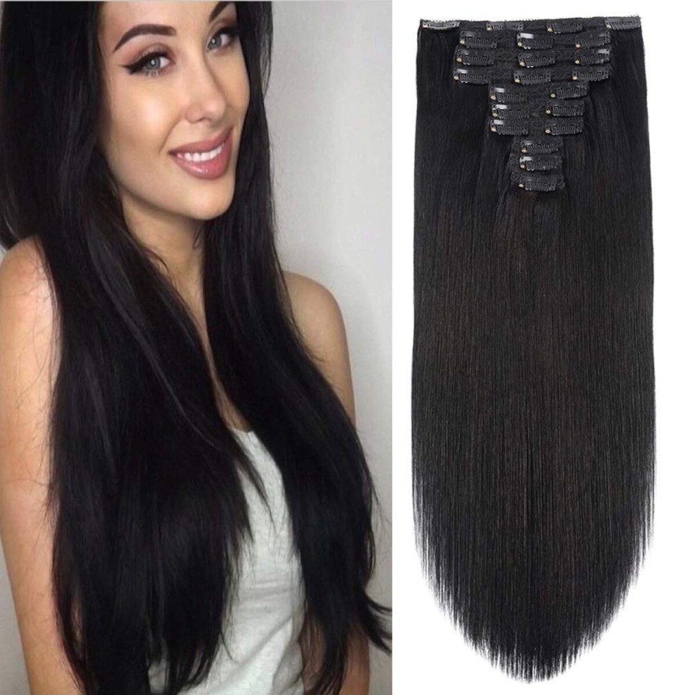 22 Clip in Human Hair Extensions Full Head 200g 10 Pieces 22 Clips 1 Jet Black Double Weft Brazilian Real Remy Hair Extensions Thick Straight Silky (22,200g Jet Black)