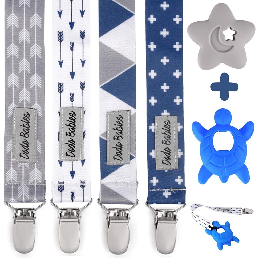 Dodo Babies Pacifier Clip & Teether Toy Set - Universal Pacifier Holder Loop - Silicone Teethers for Baby Teething Toys - 6 Piece Set, Blue & Gray