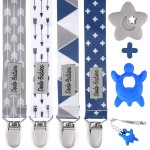 Dodo Babies Pacifier Clip & Teether Toy Set - Universal Pacifier Holder Loop - Silicone Teethers for Baby Teething Toys - 6 Piece Set, Blue & Gray