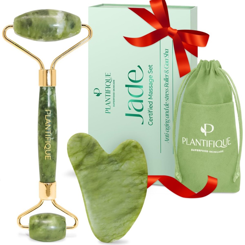 PLANTIFIQUE Jade Roller & Gua Sha Set - Real Jade Facial Tools for Skin Care Routine - Certified Face Massager for Radiant Skin
