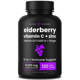 NutraChamps Elderberry with Vitamin C and Zinc - 5 in 1 Immunity Supplement, 10,000mg Sambucus Black Elderberry Capsules with Vitamin D3 5000 IU, Sambucus Elderberry Extract Immune Support for Adults