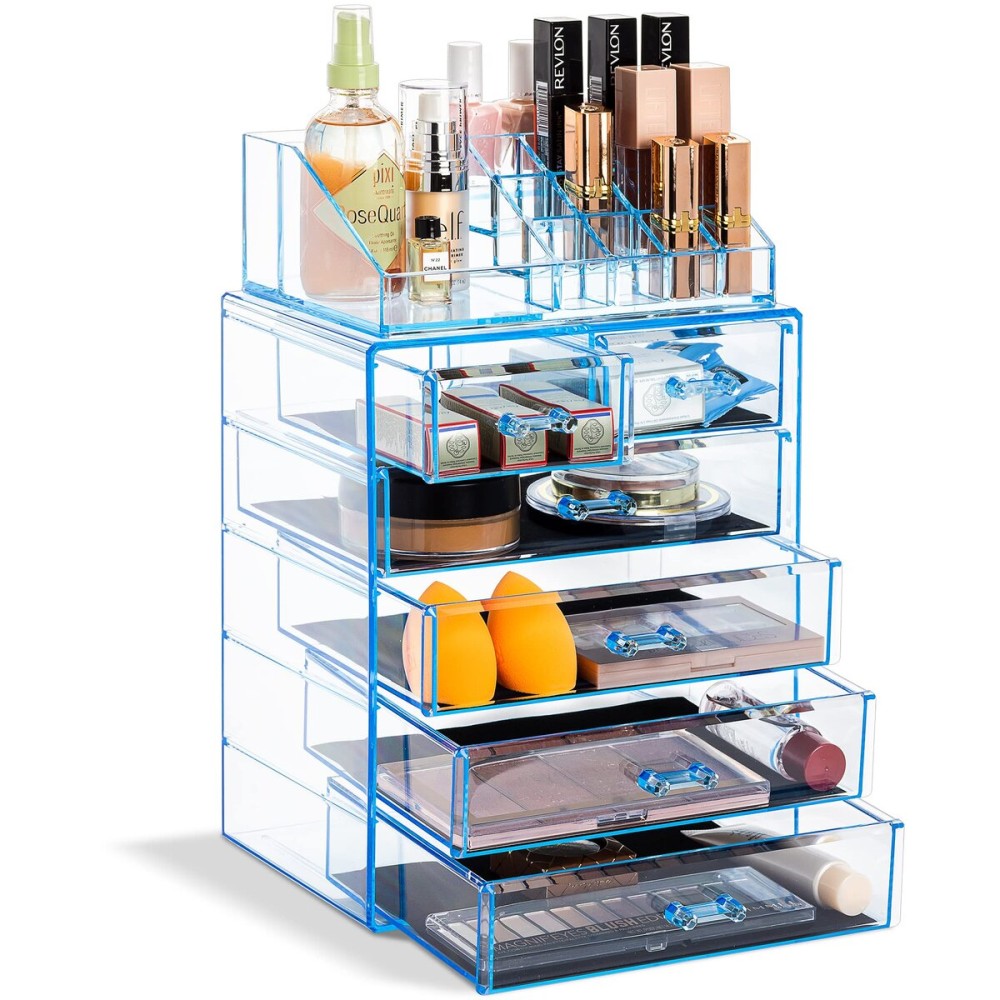 Sorbus Acrylic Makeup Organizer Set, 6-Drawer Vanity & Countertop Cosmetic Storage with Small & Wide Compartments, Blue Brilliance Makeup Storage for Brushes, Jewelry - Holiday Gift for Women & Teens