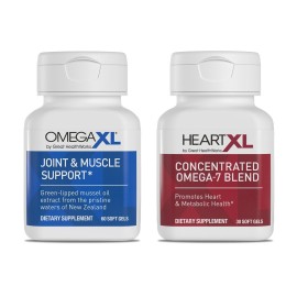 OmegaXL Joint Support Supplement - Natural Muscle Support, Green Lipped Mussel Oil, Soft Gel Pills, Drug-Free, 60 Count + HeartXL 30 Count, High Potency Omega-7 Blend