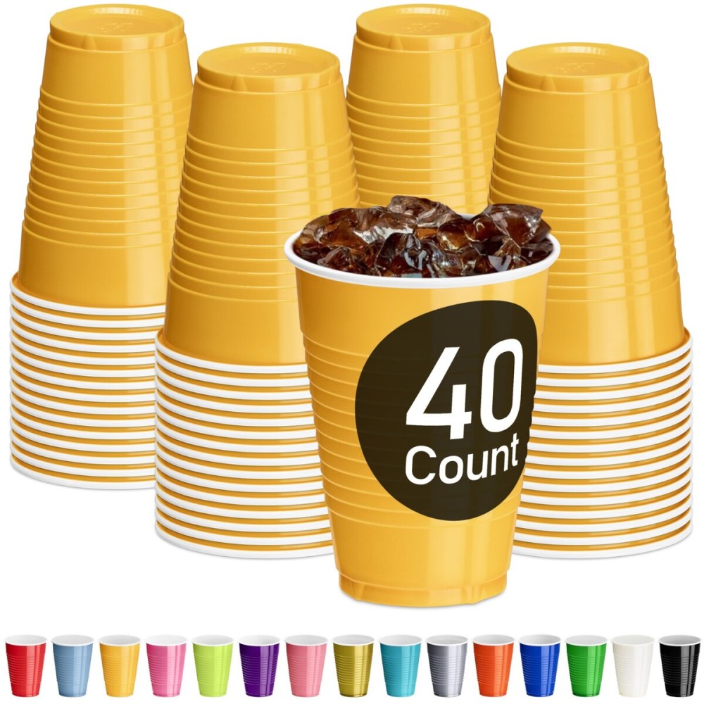 DecorRack Yellow Plastic Cups, 12 oz Disposable Cups, Reusable Party Supplies (40 Count)