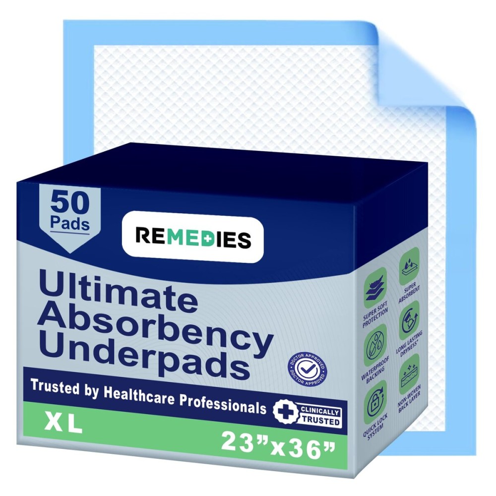 Remedies - Bed Pads Disposable Adults, Seniors, Kids & Puppy Pads - 23 x 36 - Large Disposable Underpads - 50 Count, Incontinence Underpads for Beds & Furniture, Dog Pee Pads, Dogs Chucks Pads