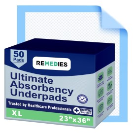 Remedies - Bed Pads Disposable Adults, Seniors, Kids & Puppy Pads - 23 x 36 - Large Disposable Underpads - 50 Count, Incontinence Underpads for Beds & Furniture, Dog Pee Pads, Dogs Chucks Pads