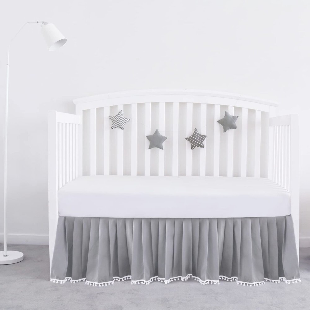 Crib Bed Skirt Grey Pleated with White Lovely Pompoms, Bedding Dust Ruffle for Boys, 14 Drop, Fit All Standard Crib Bed, Machine Wahable Crib Skirt