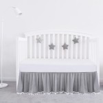 Crib Bed Skirt Grey Pleated with White Lovely Pompoms, Bedding Dust Ruffle for Boys, 14 Drop, Fit All Standard Crib Bed, Machine Wahable Crib Skirt