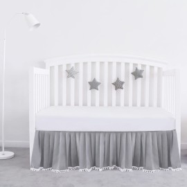 Crib Bed Skirt Grey Pleated with White Lovely Pompoms, Bedding Dust Ruffle for Boys, 14 Drop, Fit All Standard Crib Bed, Machine Wahable Crib Skirt