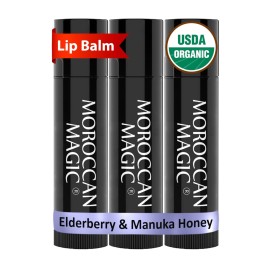 Moroccan Magic Organic Elderberry & Manuka Honey Lip Balm 3 Pack | Ultra-Hydrating Argan Oil Lip Moisturizer + Vitamin E | Natural Chapstick for Dry Lips | Smooth, Non-Toxic | Organic Lip Balm