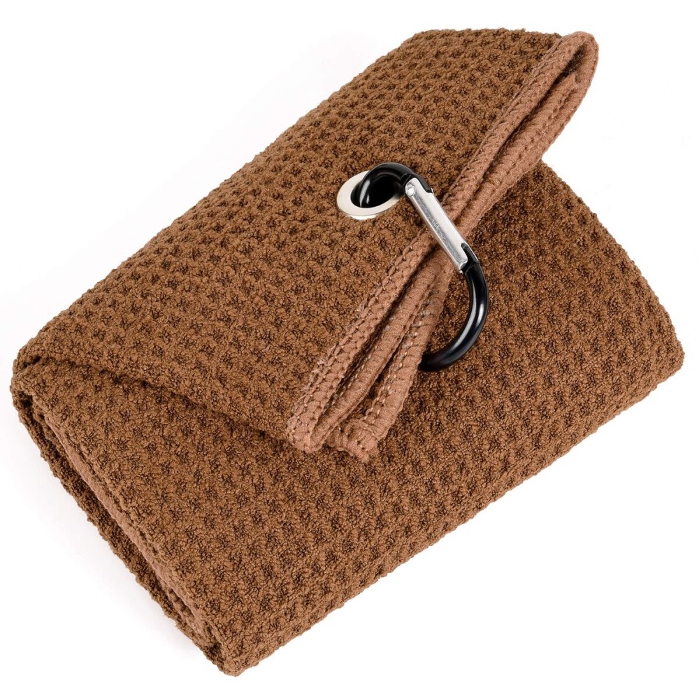 Mile High Life Tri-fold Golf Towel | 16 X 24 | Premium Microfiber Fabric | Waffle Pattern | with Heavy Duty Carabiner Clip | for Men and Women (Brown)