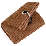 Mile High Life Tri-fold Golf Towel | 16 X 24 | Premium Microfiber Fabric | Waffle Pattern | with Heavy Duty Carabiner Clip | for Men and Women (Brown)