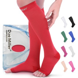 Doc Miller Open Toe Compression Socks for Men and Women, 15-20 mmHg, Calf Recovery, Medical Grade, Red Socks, Large