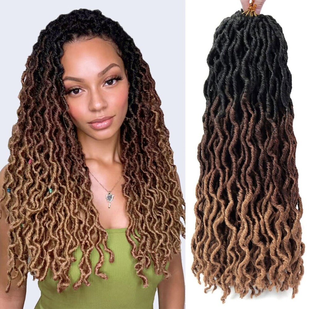 18 Inch Goddess Faux locs Crochet Hair 6 Packs/Lot Soft Gypsy Locs Wavy Crochet Braids Dreadlocks 3 Tone Curly Wavy Twist Braiding Hair Extensions African Roots Braid1B/30/27)