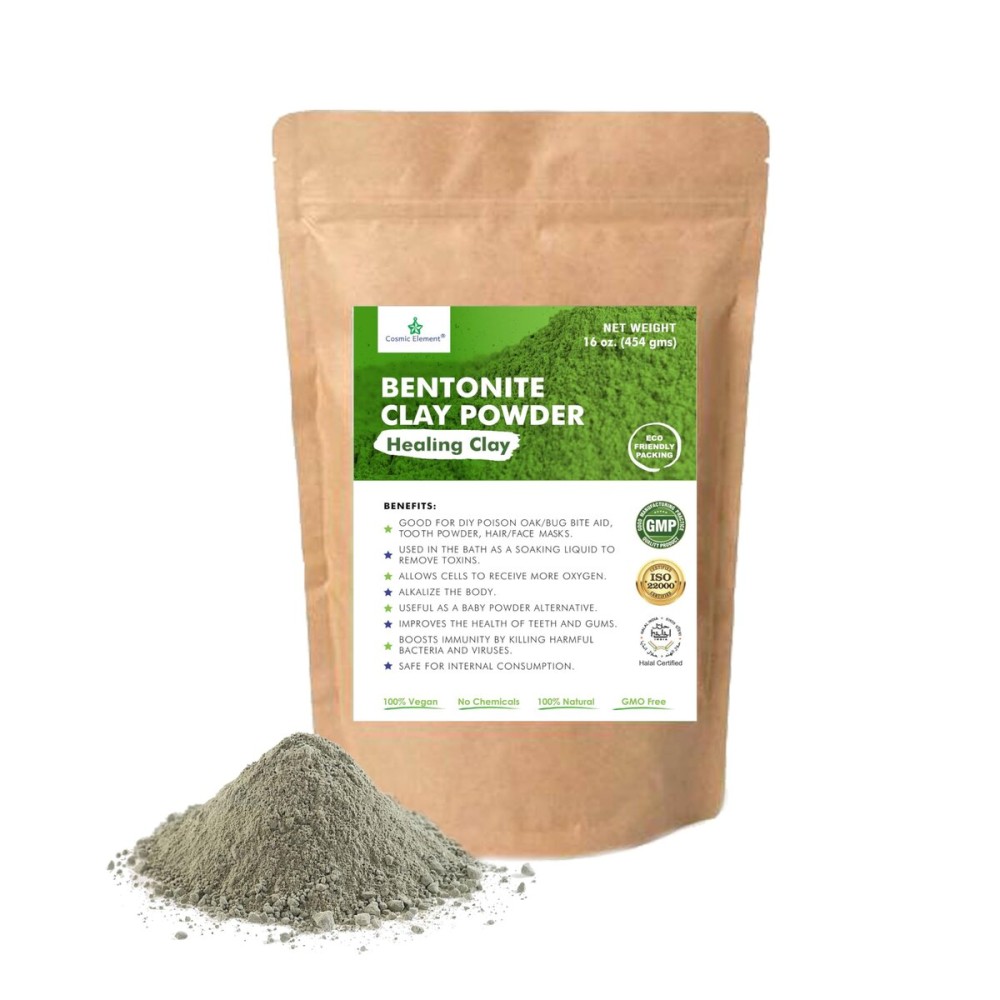 Cosmic Element 100% Pure Calcium Bentonite Clay Powder - Bentonite Clay Food Grade, Vegan, Healing Clay | Skin Care Detox - Deep Pore Cleansing Face & Body Mask for Soft, Smooth, Refreshed Skin | 16oz