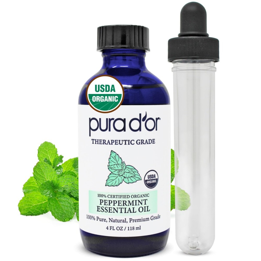 PURA D\'OR Organic Peppermint Essential Oil (4oz with Glass Dropper) 100% Pure & Natural Therapeutic Grade - Hair, Body, Skin, Aromatherapy Diffuser, Massage, Refreshens, Energy, Mood, Home, DIY Soap