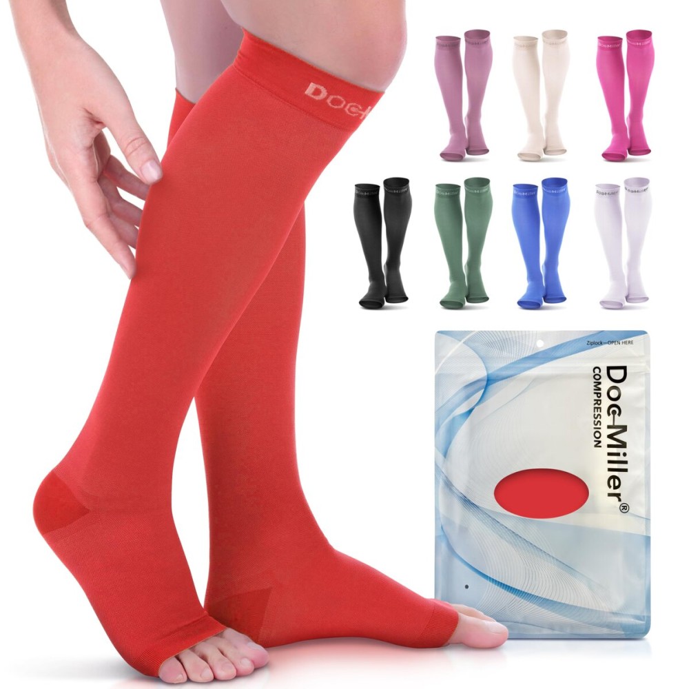 Doc Miller Open Toe Compression Socks, 20-30 mmHg, Toeless Compression Sleeves for Legs, Knee High Stockings for Shin Splints, Varicose Veins, Travel, Calf Support & Muscle Recovery, Men & Women, Pair