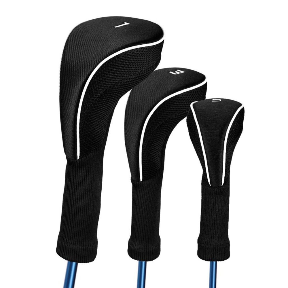 Black Golf Club Head Cover for Driver Fairway 3 Pcs Woods Headcovers, Golf Accessories Hybrid Head Covers Set with Interchangeable Tags 3 4 5 7 X (Black 135)