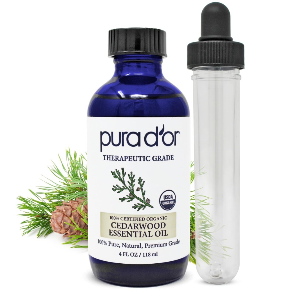 PURA D\'OR Organic Cedarwood Essential Oil (4oz with Glass Dropper) 100% Pure & Natural Therapeutic Grade for Hair, Body, Skin, Aromatherapy Diffuser, Relaxation, Massage, Odors, Home, DIY Soap