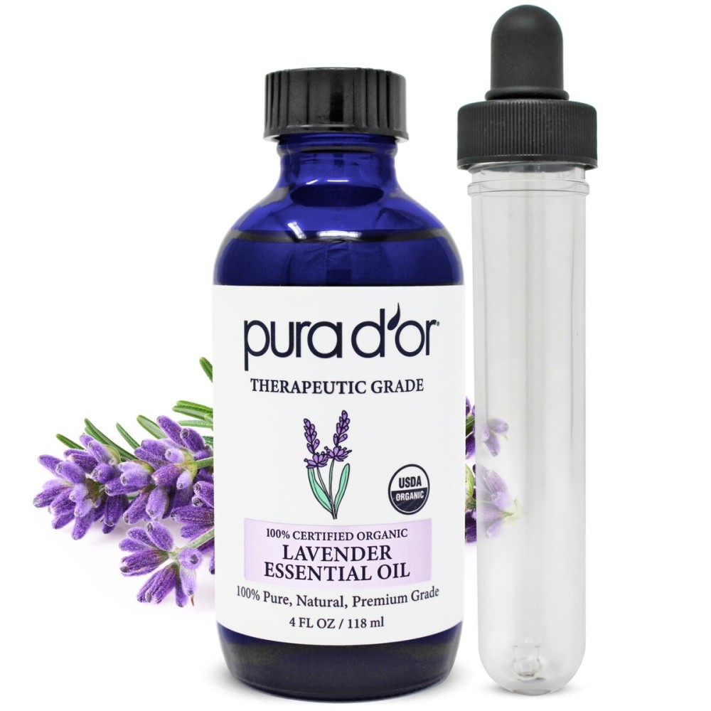PURA D\'OR Organic Lavender Essential Oil (4oz with Glass Dropper) 100% Pure & Natural Therapeutic Grade for Hair, Body, Skin, Aromatherapy Diffuser, Relaxation, Meditation, Massage, Home, DIY Soap