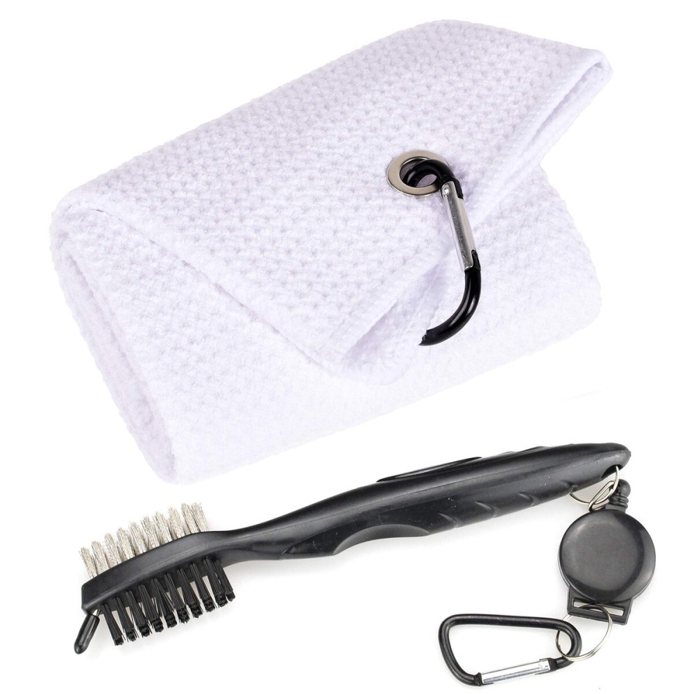 Mile High Life Golf Towels - Microfiber Waffle Pattern Tri-fold, Brush Tool Kit with Club Groove Cleaner with Retractable Cord and Clip, for Men Women, Golf Gift (White Towel+Black Brush)