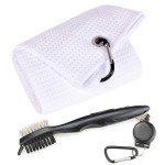 Mile High Life Golf Towels - Microfiber Waffle Pattern Tri-fold, Brush Tool Kit with Club Groove Cleaner with Retractable Cord and Clip, for Men Women, Golf Gift (White Towel+Black Brush)
