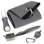Mile High Life Microfiber Waffle Pattern Golf Towel | Club Groove Cleaner Brush | Foldable Divot Tool with Magnetic Ball Marker (Dark Gray Towel/Brush/Bone Divot)