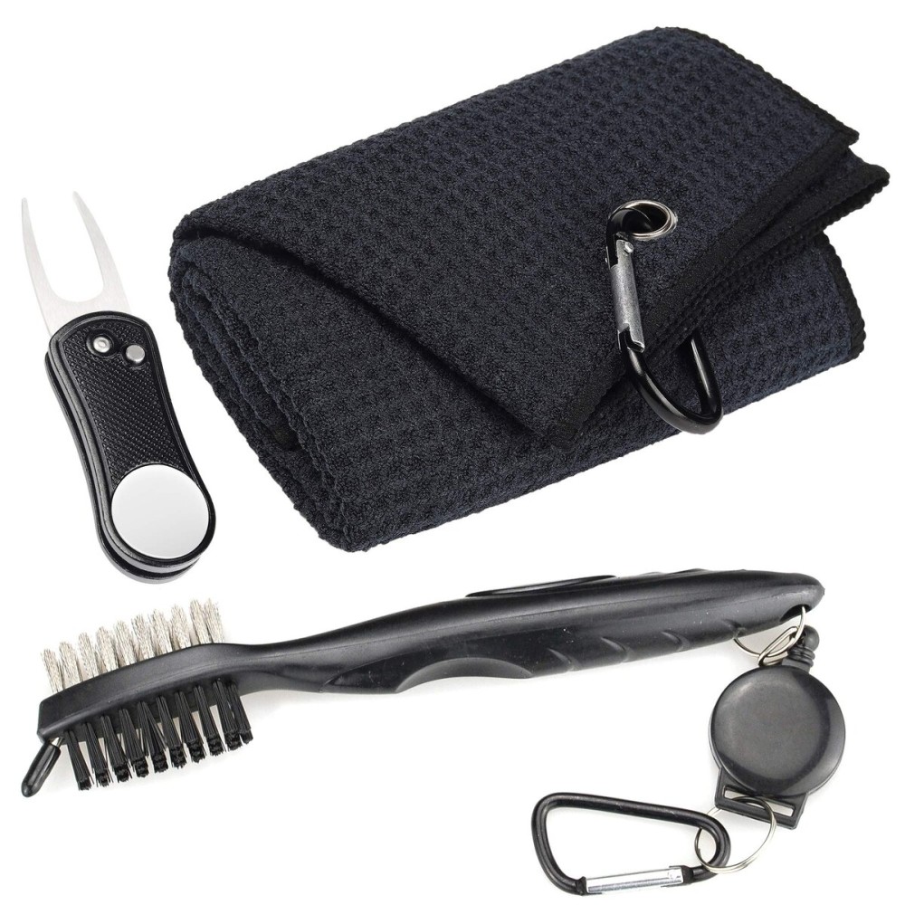 Mile High Life Microfiber Waffle Pattern Golf Towel | Club Groove Cleaner Brush | Foldable Divot Tool with Magnetic Ball Marker (Gray Towel/Brush/Bone Divot)