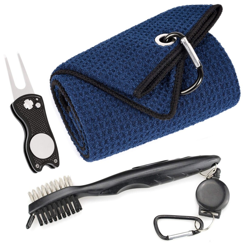 Mile High Life Microfiber Waffle Pattern Golf Towel | Club Groove Cleaner Brush | Foldable Divot Tool with Magnetic Ball Marker (Navy Towel/Brush/Fish Divot)