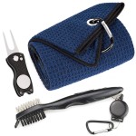Mile High Life Microfiber Waffle Pattern Golf Towel | Club Groove Cleaner Brush | Foldable Divot Tool with Magnetic Ball Marker (Navy Towel/Brush/Fish Divot)