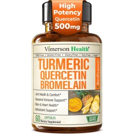 Quercetin with Bromelain Turmeric Curcumin Supplement - Allergy Relief, Immune & Joint Support - Organic Turmeric Supplement w/Bioperine for Enhanced Absorption, 60 Quercetin 500mg Capsules