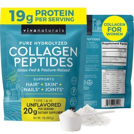 Viva Naturals Hydrolyzed Collagen Peptides Powder, 1 lb - Grass-Fed & Pasture-Raised Bovine Collagen, Type I & III, Unflavored Powder for Hair, Skin & Nails