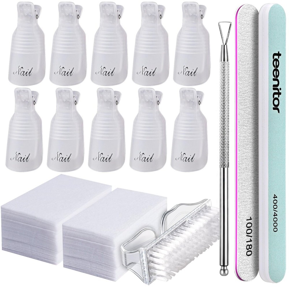 Teenitor gel nail remover kit with10pcs Gel Clip Remover, Brush for Nails, Nail Files 100/180, Buffer Block 400/4000, Stainless SteelCuticle Peeler and 115pcs Lint Free Cotton Pads Nail Wipe Clear