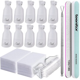 Teenitor gel nail remover kit with10pcs Gel Clip Remover, Brush for Nails, Nail Files 100/180, Buffer Block 400/4000, Stainless SteelCuticle Peeler and 115pcs Lint Free Cotton Pads Nail Wipe Clear