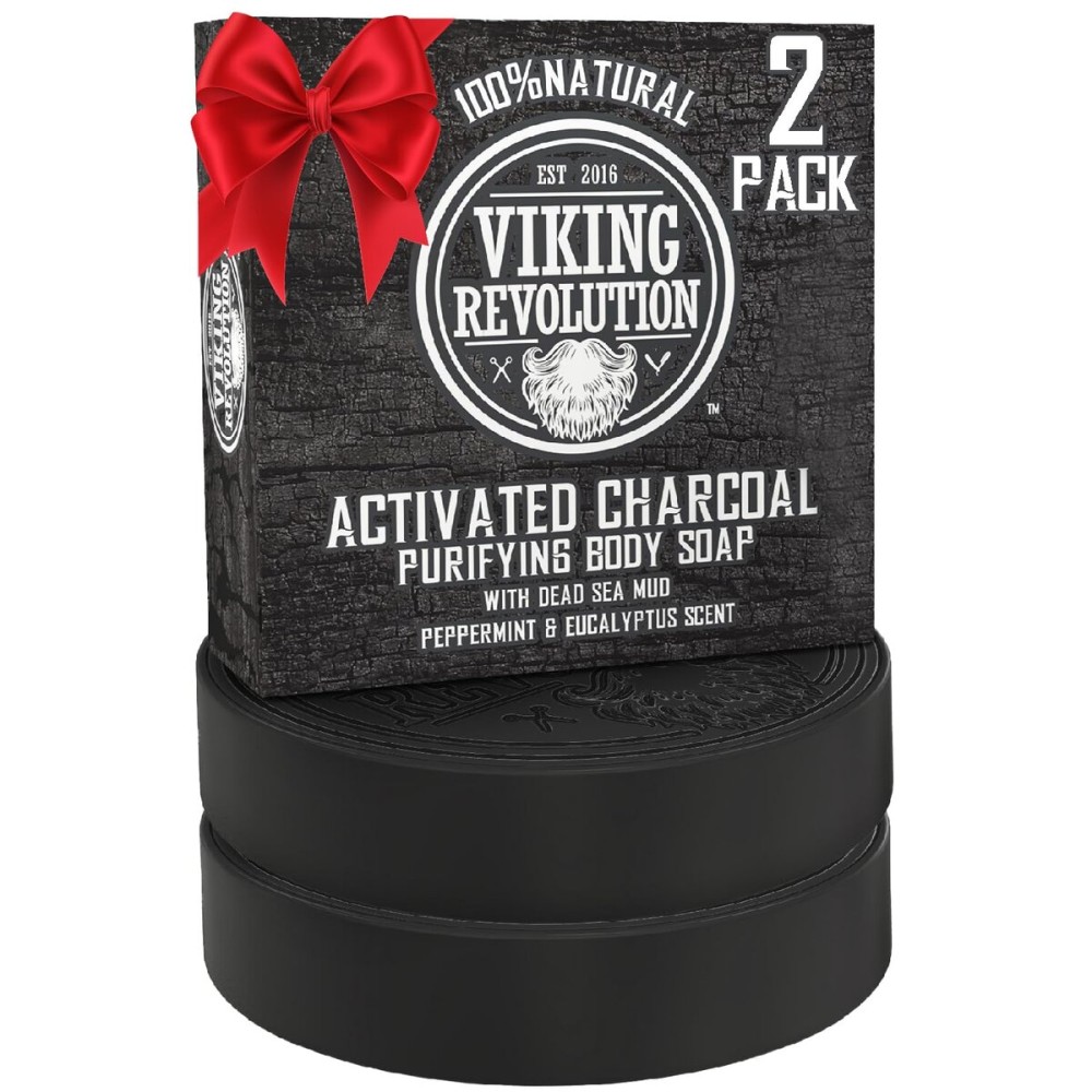Viking Revolution Skin Cleaning Agent Activated Charcoal Soap for Men w/Dead Sea Mud, Body and Face, Cleanser,Cleansing Blackheads - Peppermint & Eucalyptus Scent 6 Oz (Pack of 2)