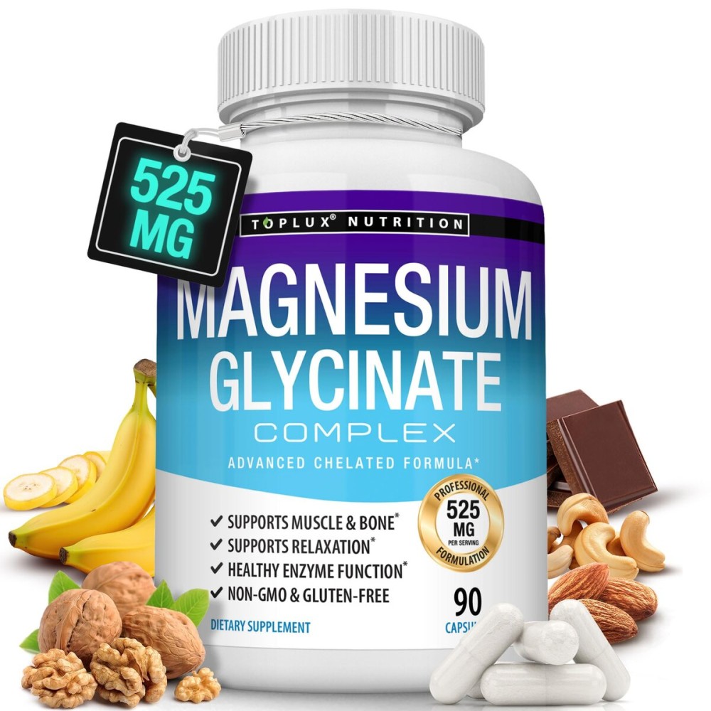 Magnesium Glycinate 525mg - High Absorption Chelated Magnesium Supplement Made with Pure Magnesium Glycinate - Supports Muscles, Sleep, Cramps, Recovery Bisglycinate Complex Vegan Non-GMO 90 Capsules