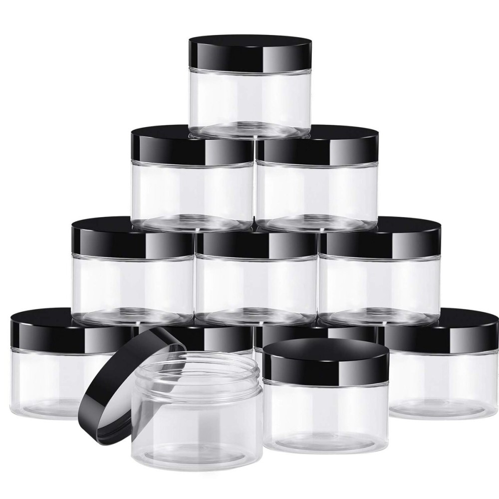 SATINIOR 12 Pack 6 oz Plastic Container Jars with Lids Round Clear Travel Cosmetic Container Slime Jars for Toiletries, Lotion, Cream, Ointments, Makeup, Rhinestone, Samples, Kitchen Storage(Black)