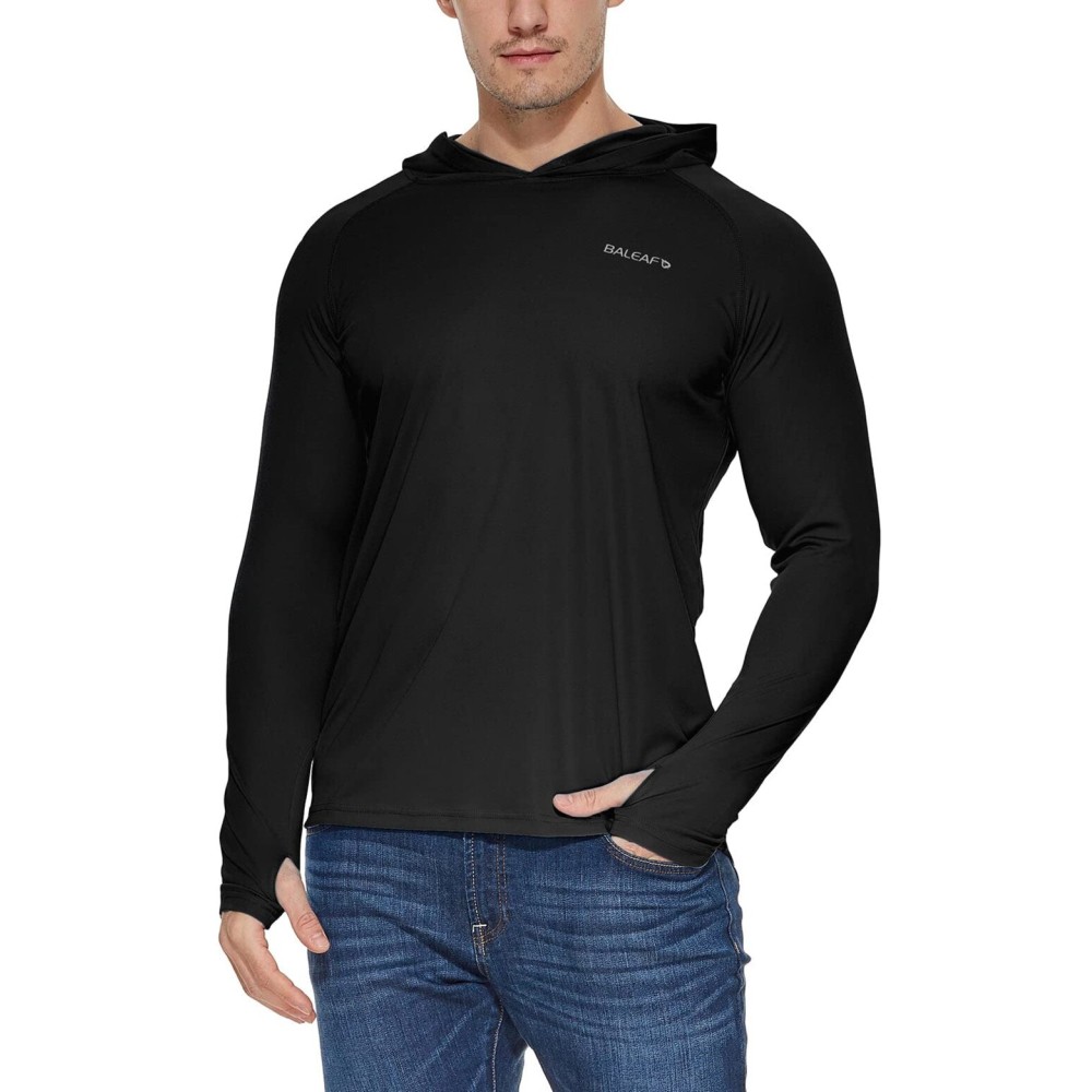 baleaf Men\'s UV SPF Hoodie Shirt UPF 50+ Sun Protection Long Sleeve T-Shirts Rash Guard Fishing Swimming Lightweight Black S