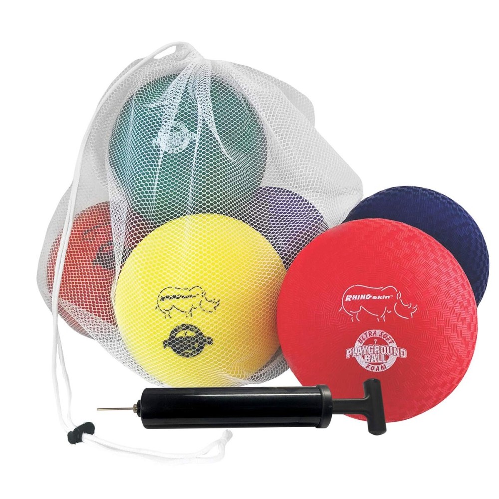 Champion Sports 7 Super Soft Playground Ball Set - RHINO Skin Foam Inflatable Balls for Indoor & Outdoor Play Durable, Lightweight & Safe for All Ages, Set of 6 with Pump & Mesh Bag