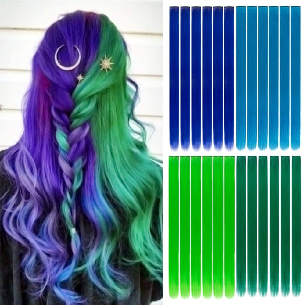 24 Packs Colored Hair Extensions 20Inch Straight Multi-Colors Party Highlights Clip In Hair Extension Synthetic Rainbow Hairpieces for Girls Kids Gift(Blue, Dark Blue, Green, Grass Green)
