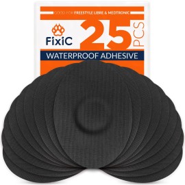 FixiC Freestyle Adhesive Patches 25 PCS - Good for Libre 1, 2, 3 & Plus - G7 & Stelo - Guardian - Waterproof Adhesive Patches - Libre Adhesive Covers - Pre-Cut - Best Fixation for your Sensor! (Black)