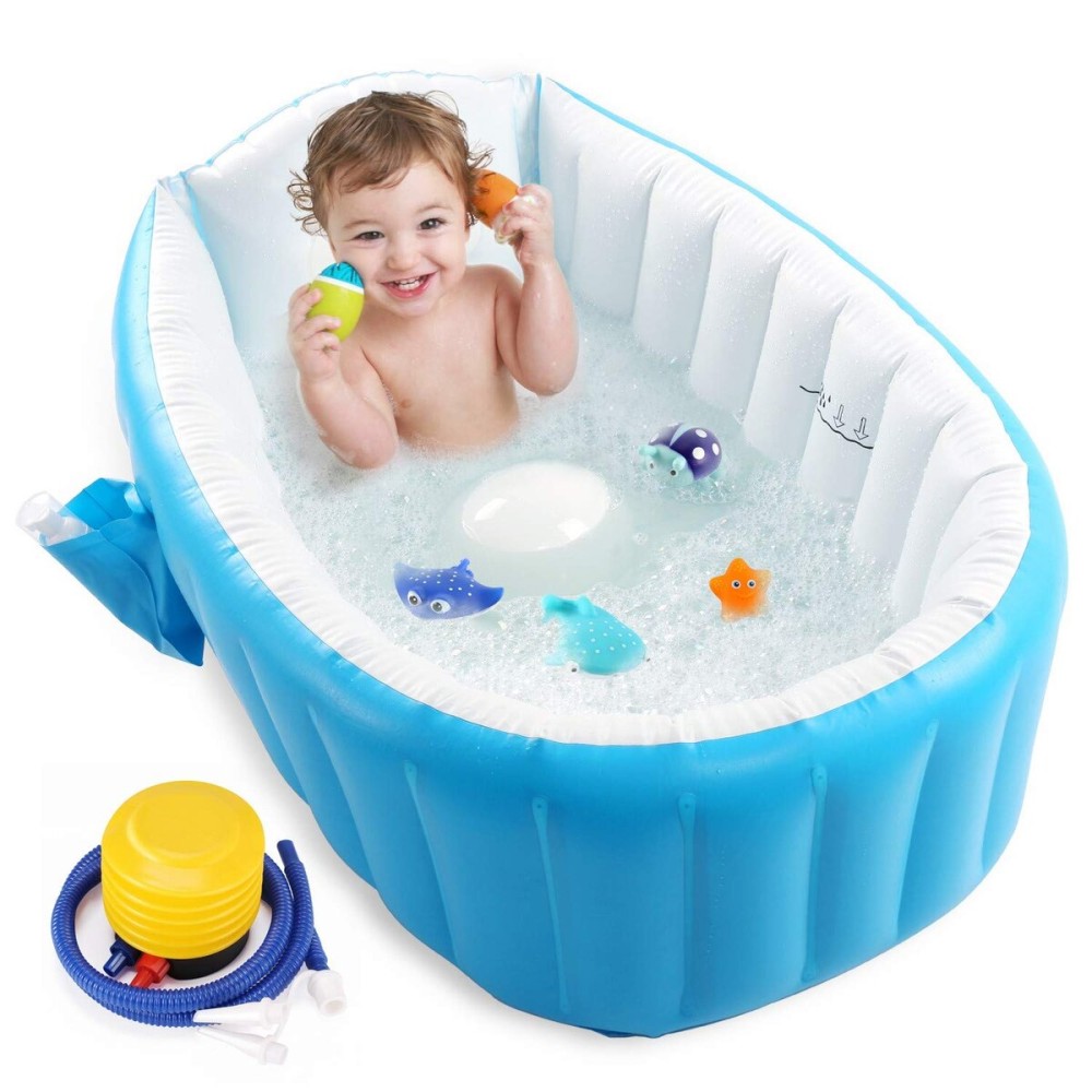 Baby Inflatable Bathtub, Portable Infant Toddler Bathing Tub Non Slip Travel Bathtub Mini Air Swimming Pool Kids Thick Foldable Shower Basin with Air Pump, Blue