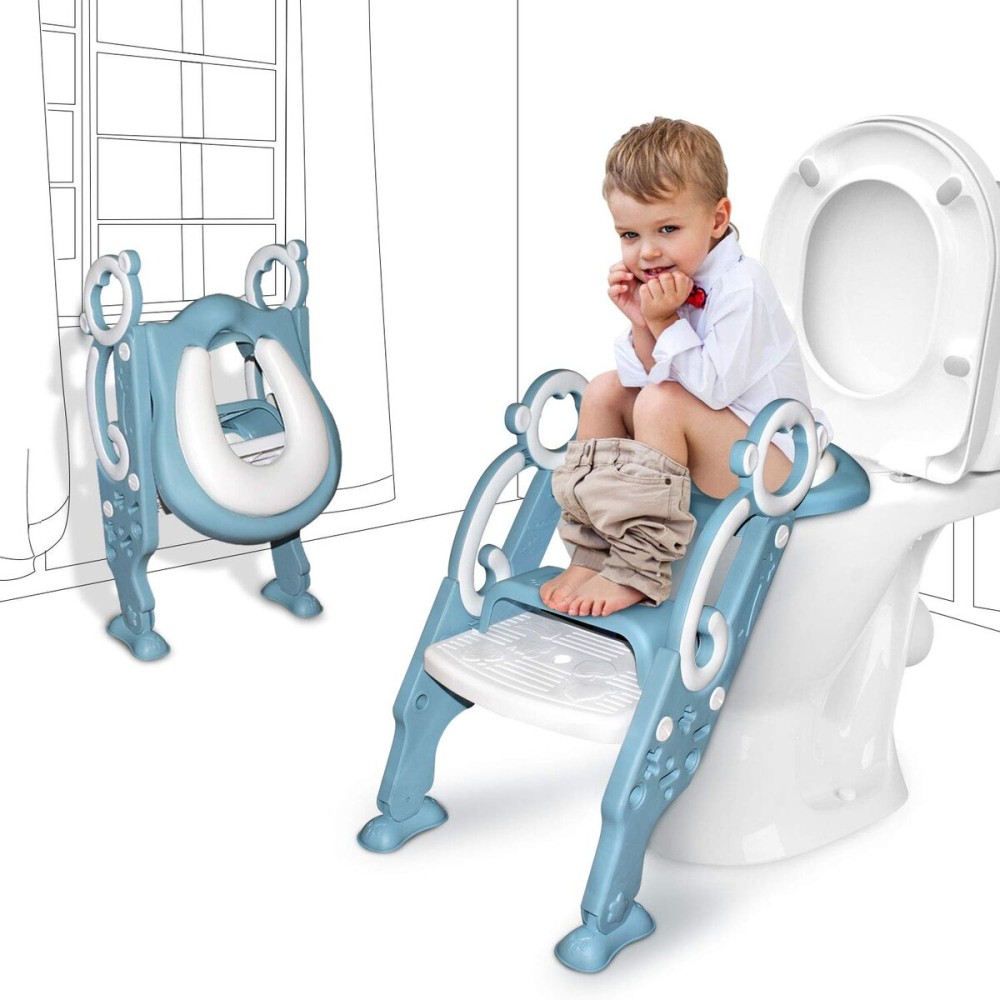 GrowthPic Toddler Potty Training Seat with Step Stool Ladder - Foldable Toilet Trainer with Splash Guard for Boys & Girls, Height Adjustable, Fits Standard & Elongated Toilets (Blue)